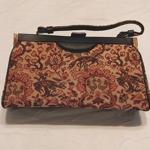 Ladies vintage tapestry purse/handbag, brown/gold,brown leather trim,drama
